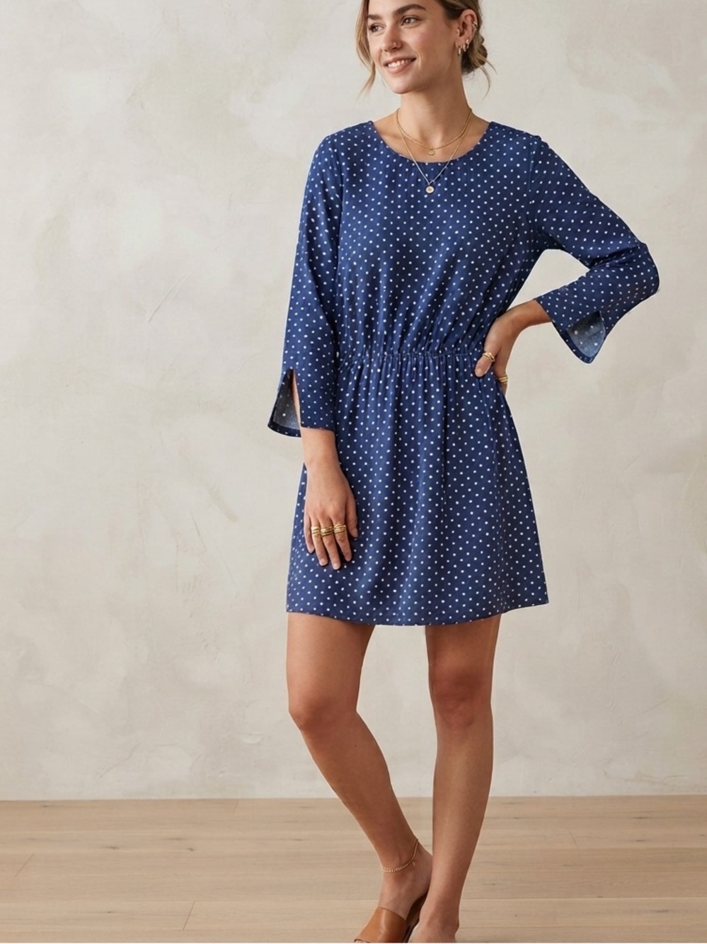 H&M Divided Polka Dot Midi Dress Blue White Pearl Detail S